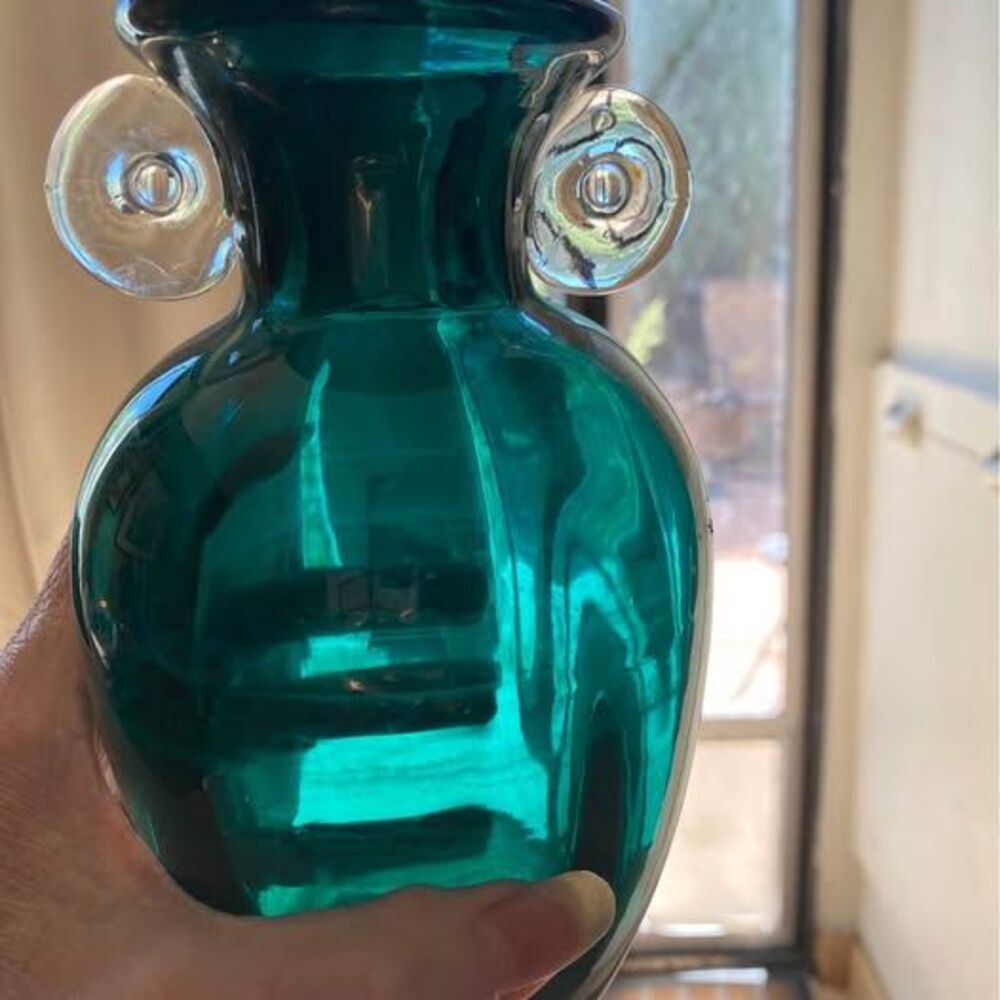 Vintage Teal Green Glass Vase with Clear Handles.. blow glass